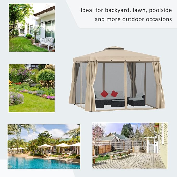 Outsunny 10' x 10' Patio Gazebo, Aluminum Frame Double Roof Outdoor Gazebo Canopy Shelter with Netting & Curtains, for Garden, Lawn, Backyard and Deck, Khaki
