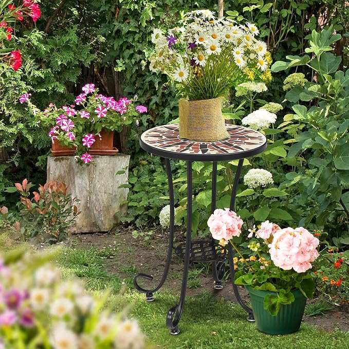 VINGLI Mosaic Outdoor Side Table, 14" Round End Table, Accent Table, Ceramic Tile Top Black Iron,Brown Flower