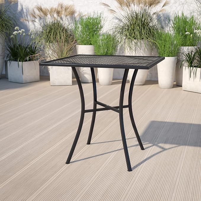 EMMA + OLIVER Commercial Grade 28" Square Black Indoor-Outdoor Steel Patio Table