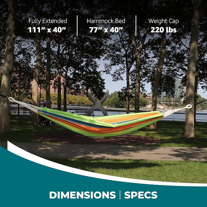 Bliss Hammocks 40" W Single Outdoor Hammock with Universal Multi-Loop Suspension with "S" Hooks, Durable, Cotton/Polyester, 220 Lbs Capacity, Guacamole Stripe