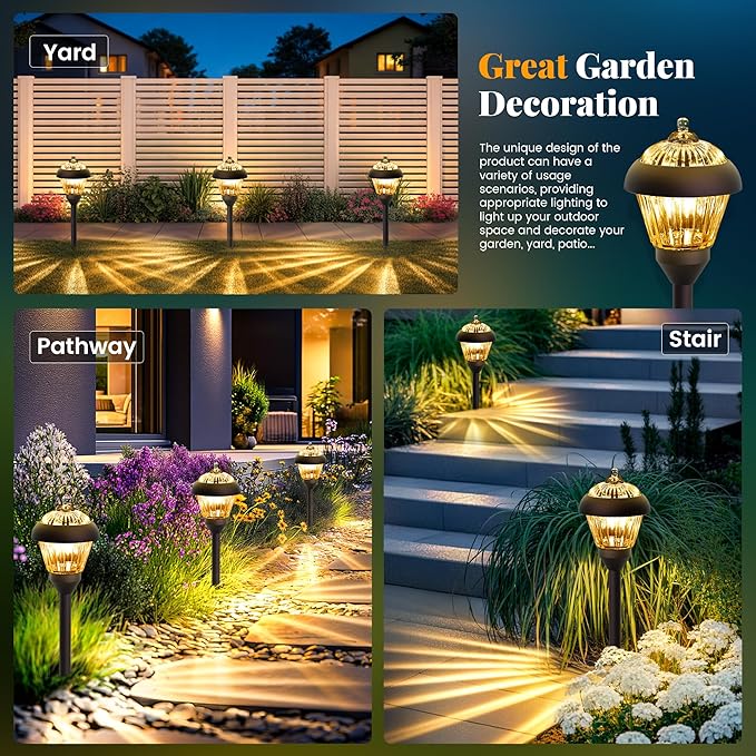 SOLPEX Solar Pathway Lights Outdoor Waterproof Solar Powered Pathway Lights - Glass & Metal Bronze Design with 2 Lighting Modes for Garden, Yard, Walkway, Driveway, Patio (2 Pack, Warm White)