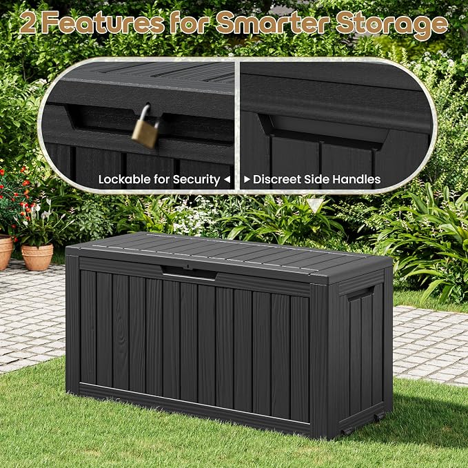 Bifanuo Weatherproof Outdoor Deck Storage Box with Wheels, Lockable Resin Patio Storage Container, Wood Grain Waterproof UV-Proof Garden Poolside Storage Chest