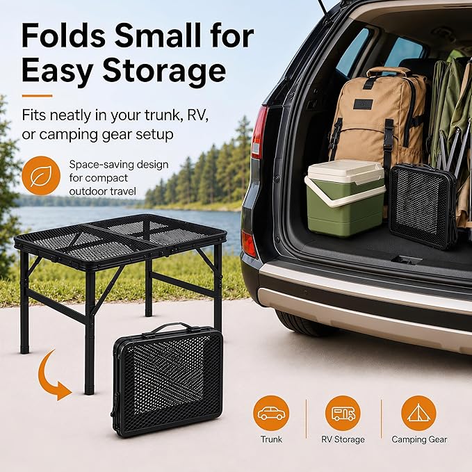 Folding Grill Table Camping Table with Mesh Desktop, Lightweight & Portable Outdoor Picnic Table, Height Adjustable Portable for Outside Inside Use