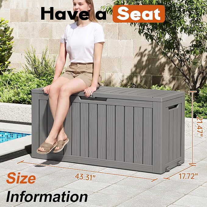 Outdoor Storage Box, Resin Deck Boxes Indoor and outdoor, Waterproof Storage Box Lockable Lid (Grey, 80 Gallon)