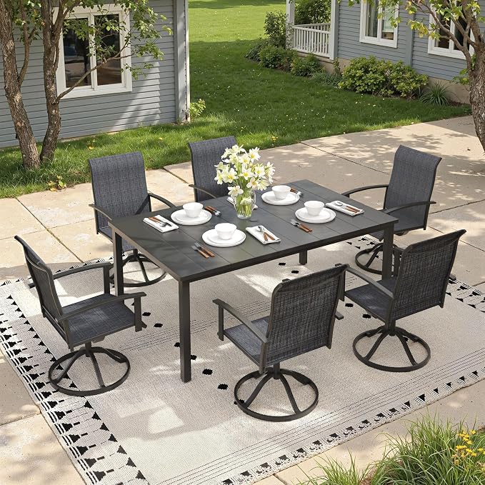 7 Pieces Patio Dining Set, Outdoor Furniture of 63" Rectangular Patio Table and Patio Swivel Chairs for Backyard Lawn Garden, Black Table and Black Chairs