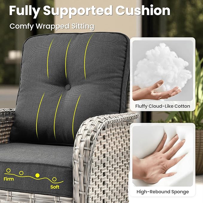 ovios 9-Piece Patio Furniture Set with L-Shape Sofa Chaise, Outdoor Sectional Couch Swivel Gliders Fire Pit Table, Modern Modular Wicker Rattan Conversation Set, Black