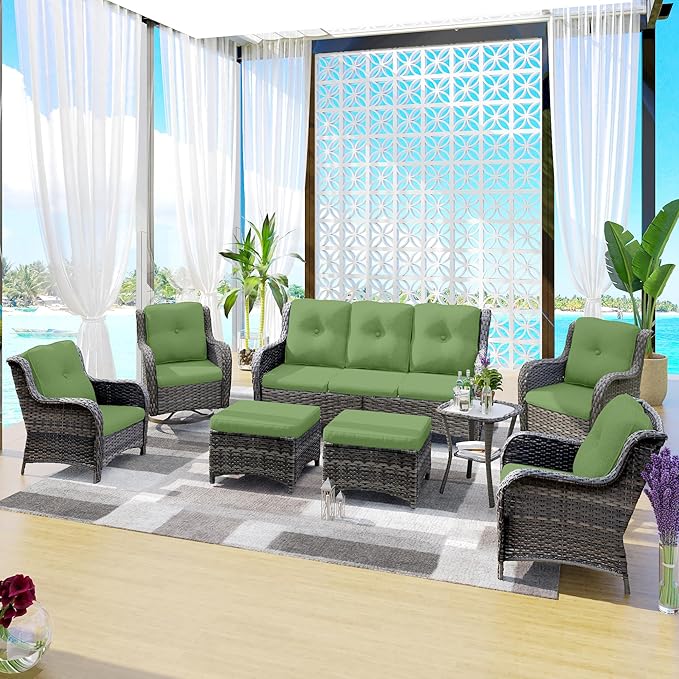 Wicker Patio Furniture Sets 8 Piece Set with 3-Seat Sofa, 2 Swivel Rocking Armchairs, 2 Armchairs, 2 Ottoman and 1 Side Table Outdoor Furniture Sectional Conversation Set, Green