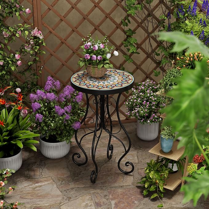 Christopher Knight Home Glady Outdoor Round Side Table, Patio Bistro Table with Ceramic Top and Metal Frame, Small Decorative Accent Table for Patio Garden Porch Balcony, Mandala