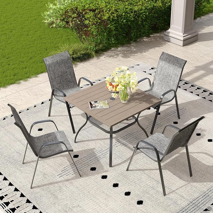 5 Pieces Outdoor Dining Set, 37.8" Square Table with Umbrella Hole & Stackable Patio Dining Chairs, Patio Table and Chairs Set for Deck Garden Porch, Grey Chairs & Grey Table