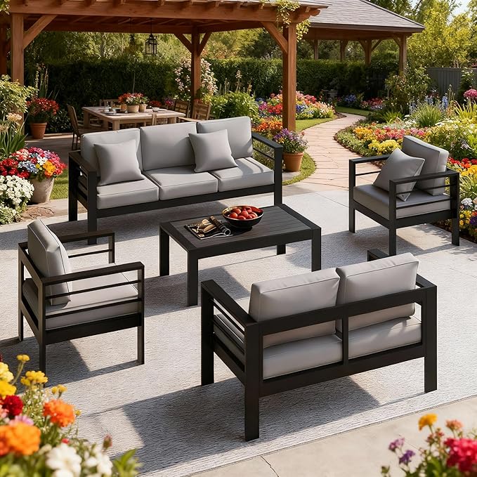 Outdoor Conversation Sets, Aluminum Patio Couch with Outdoor Coffee Table, All-Weather Metal Patio Couch with 5" Thick and Soft Cushion and Wide Arm, Outdoor Sofa Sets for Balcony, Porch, Light Gray