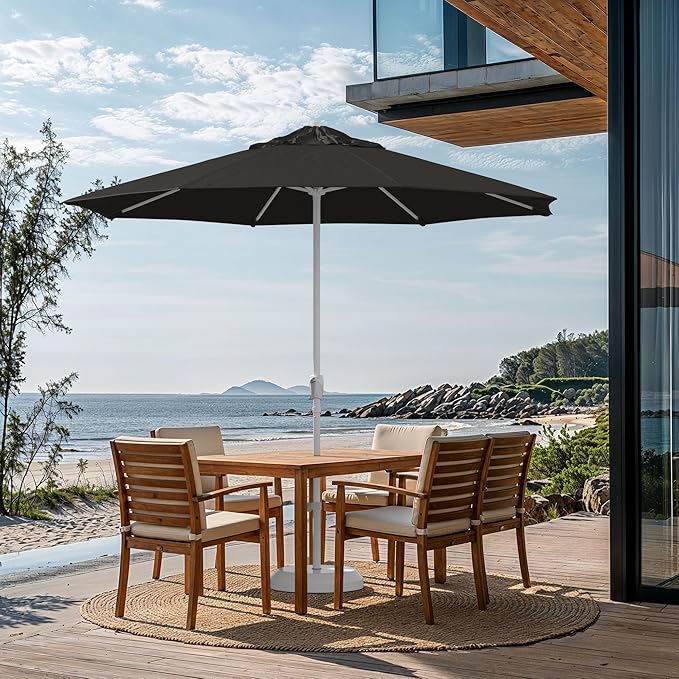 California Umbrella 10-Year Protection 9 Ft Outdoor Patio Umbrella, Pacifica Fade-Resistant Fabric, Auto-Tilt, Heavy Duty Aluminum Frame, 8 Reinforced Ribs for Pool or Deck, White Pole, Black
