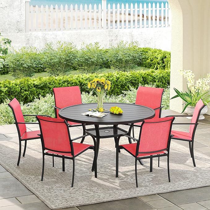 DIFY Outdoor Dining Set for 6, Patio Dining Furniture Set Includes 47.2" Black Round Table with Adjustable Umbrella Hole and 6 Red Stackable Metal Chairs for Poolside, Garden, Backyard