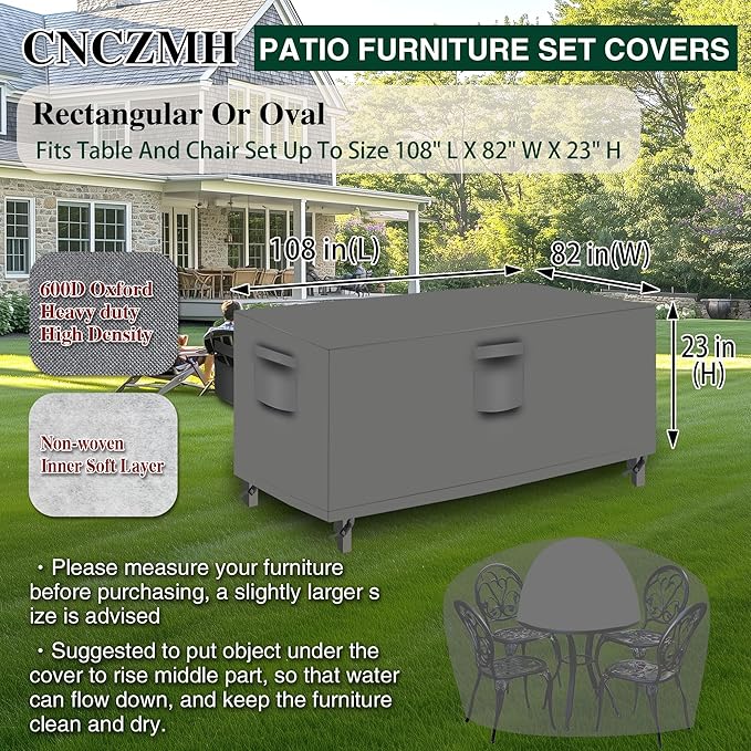 Heavy Duty Patio Furniture Covers Waterproof, 600D Outdoor Furniture Cover Waterproof for Sectional Sofa Couch, Outdoor Dining Table and Chair Set Covers 108''L x 82''W x 23''H, Grey
