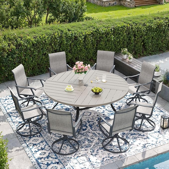 DIFY Patio Table and Chairs Set for 8, 9 Piece Outdoor Dining Set, 59.8" Grey Wood-Like Round Metal Dining Table with Umbrella Hole and 8 Grey Textilene Swivel Patio Chairs, for Garden Backyard Deck