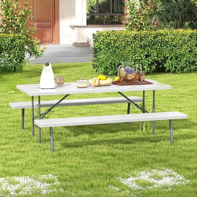 Giantex 6 FT Folding Picnic Table Bench Set- Outdoor Dining Set for 8 Persons w/All-Weather HDPE Tabletop, Metal Leg, Large Outside Dining Table for Lawn Patio Garden Yard Poolside, Grey