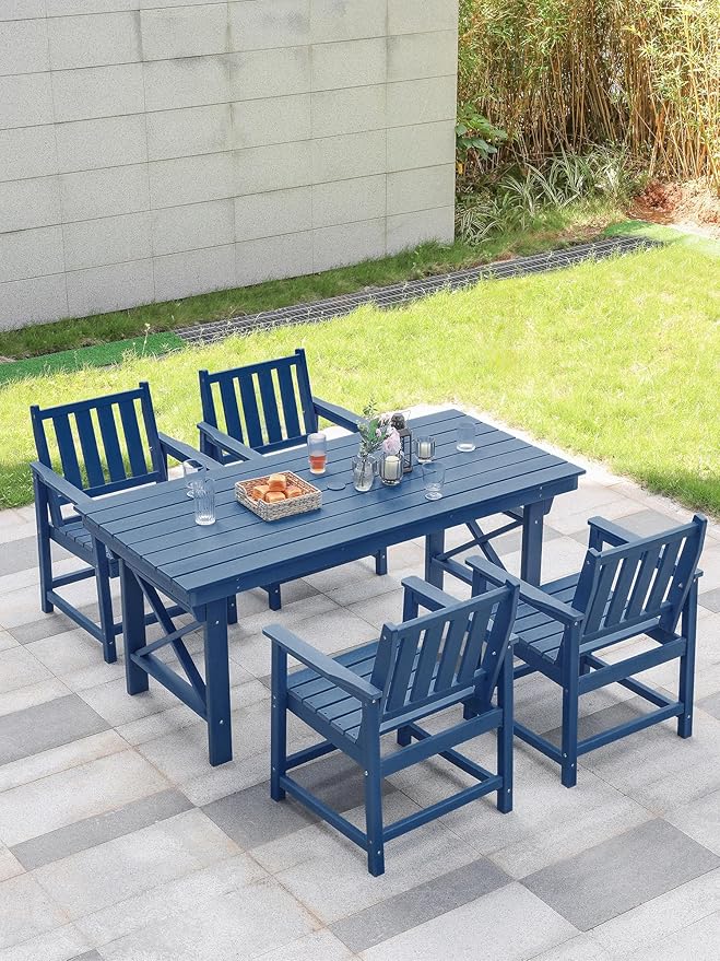 5 Pieces HDPE Patio Dining Set, Outdoor Table and Chairs with Umbrella Hole, Modern Outdoor Dining Set for 4, HDPE Outdoor Patio Furniture Dining Sets for Deck, Poolside, Porch, Navy