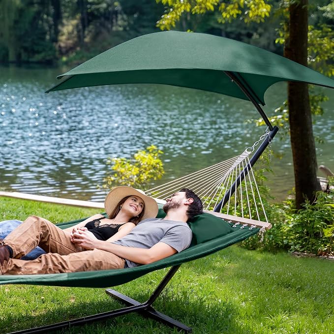 SUNCREAT Portable Outdoor Hammock with Stand, Canopy, Double Hammock with Stand for Outside, Patent Pending, Dark Green