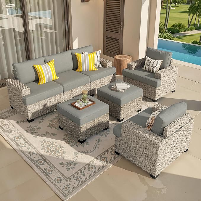 Weaxty 7 Pieces Outdoor Furniture Set, Patio Sectional Sofa Wide Seats Couch Chair with Ottoman, Thick Cushion All-Weather Rattan Patio Conversation Sets for Backyard Porch Balcony, Dark Gray