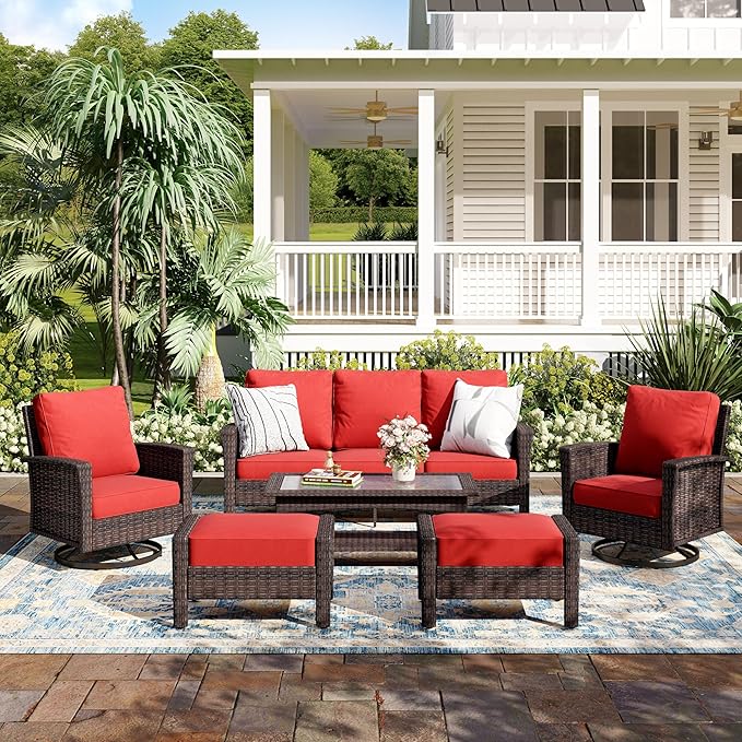 6-Piece Wicker Patio Furniture Set with Swivel Chairs, High Back Outdoor Furniture with 5.5-inch Thick Cushion and Ottoman, All-Weather Wicker Patio Conversation Set for Deck Yard Pool, Red