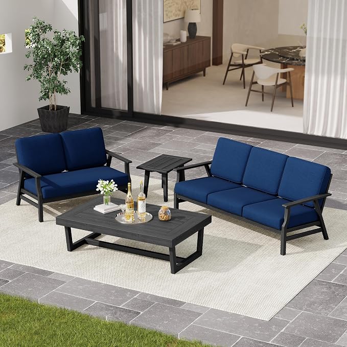 3 Pieces Patio Furniture Sets, Black Wood Outdoor Sectional Furniture with Coffee Table, 5 Seats Patio Sofa Couch Conversation Set for Backyard Deck - Navy