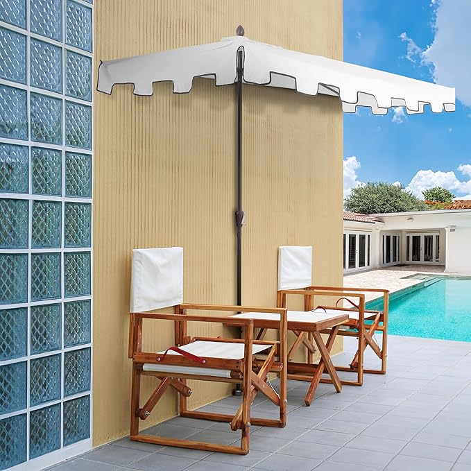 JONATHAN Y Sidney Coastal 9 ft. White Half Umbrella for Outdoor Patio, Space-Saving Rectangular Wall Sun Shade with Crank Lift, UV Protection for Balcony, Deck, Dark Brown Pole UMB1200D