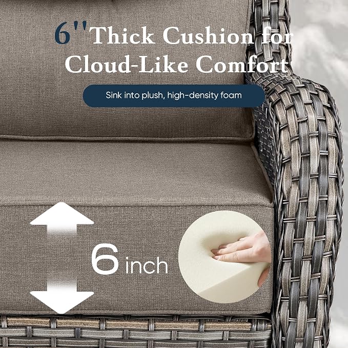 Belord Luxury 6" Thick Cushioned 5 Pieces Patio Furniture Set with 2 Ottomans, Wicker Outdoor Conversation Set with High Back Swivel Rocker Patio Chairs for Deck Porch Yard and Poolside - Grey+Grey
