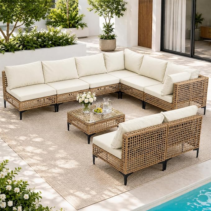 9-Piece Outdoor Wicker Patio Sectional Furniture Set, Beige | All Weather Performance, PE Rattan, Patio Conversation Set w/Coffee Table, for Backyard, Porch, Poolside, Deck