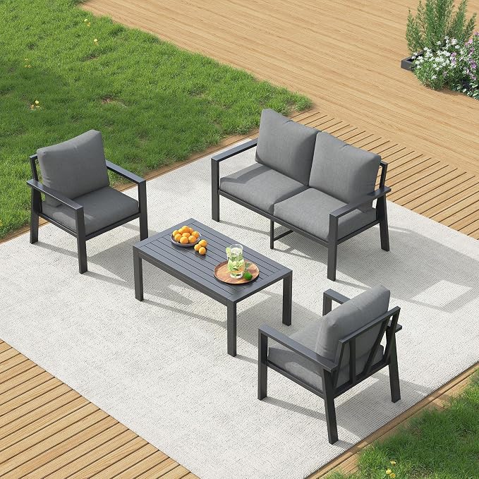 UDPATIO Aluminum Outdoor Patio Furniture Set 4-Seat Metal Patio Conversation Sets with Coffee Table and Water-Resistant Cushions, Modern Patio Sectional Sofa for Porch, Deck, Backyard, Poolside