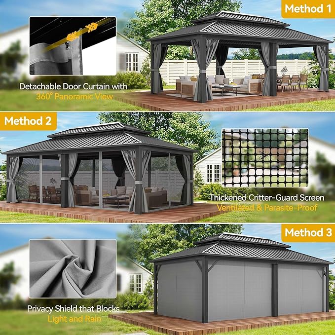DWVO 12x20ft Gazebo Double Roof Hardtop with Nettings and Curtains, Heavy Duty Galvanized Steel Outdoor Vertical Stripes Roof for Patio, Backyard, Deck, Lawns, Grey