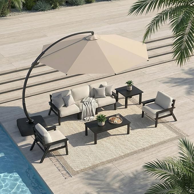 7 Piece Patio Conversation Sets, Outdoor Couch with Washable Thick Beige Cushions, HDPE Patio Furniture Set with 12FT Umbrella, Outdoor Sectional Furniture for Backyard (Black Frame)