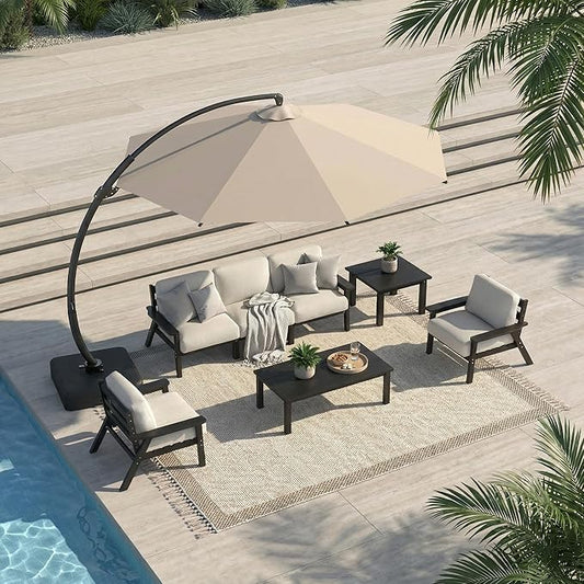7 Piece Patio Conversation Sets, Outdoor Couch with Washable Thick Beige Cushions, HDPE Patio Furniture Set with 12FT Umbrella, Outdoor Sectional Furniture for Backyard (Black Frame)