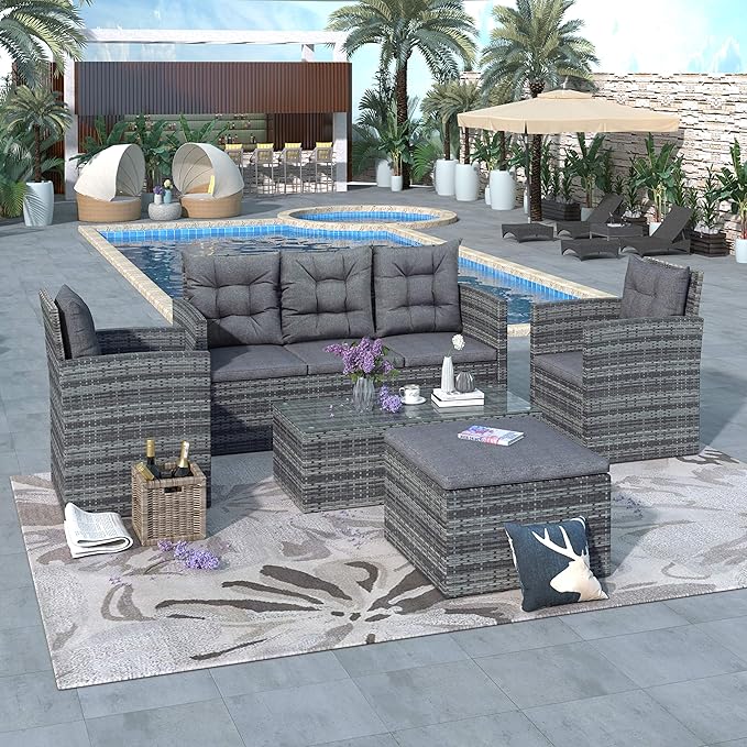 LUMISOL 5 Pieces Patio Furniture Set, PE Rattan Sectional Conversation Sofa, Outdoor Wicker Conversation Set with Tempered Glass Table & Storage Bench for Patio, Balcony, Backyard, Gray
