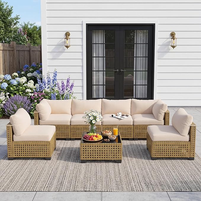 7 Pieces Patio Furniture Sets, Outdoor Furniture Patio Conversation Set, All Weather PE Rattan Sectional Sofa with Cushions and Black Glass Table (Yellow-White,7 Pieces-S)