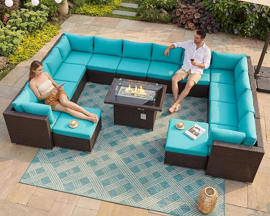NICESOUL 15 Piece Outdoor Sectional with Fire Pit Table, Modern Luxury Patio Deep Seating w/Firepit, 29.3'' High-Back Wicker Couch Thick, Big High-Weight Capacity Sofa for Garden, Yard, Brown & Teal