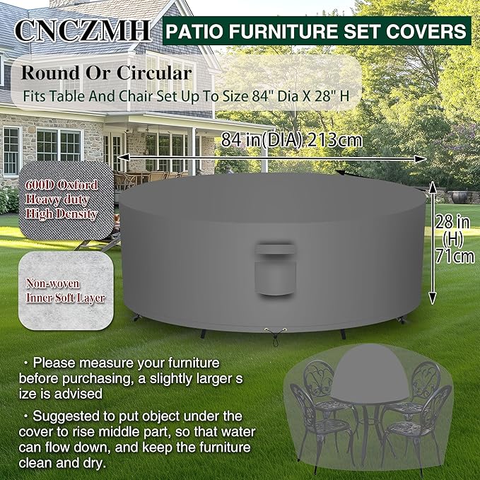 Heavy Duty Patio Furniture Covers Waterproof, 600D Round Outdoor Furniture Cover Waterproof for Sectional Sofa Couch, Outdoor Dining Table and Chair Set Covers 84"DIA x 28"H, Grey