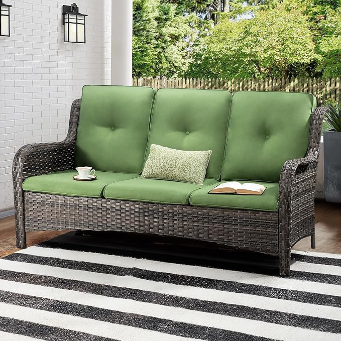 Wicker Patio Furniture Sets 8 Piece Set with 3-Seat Sofa, 2 Swivel Rocking Armchairs, 2 Armchairs, 2 Ottoman and 1 Side Table Outdoor Furniture Sectional Conversation Set, Green
