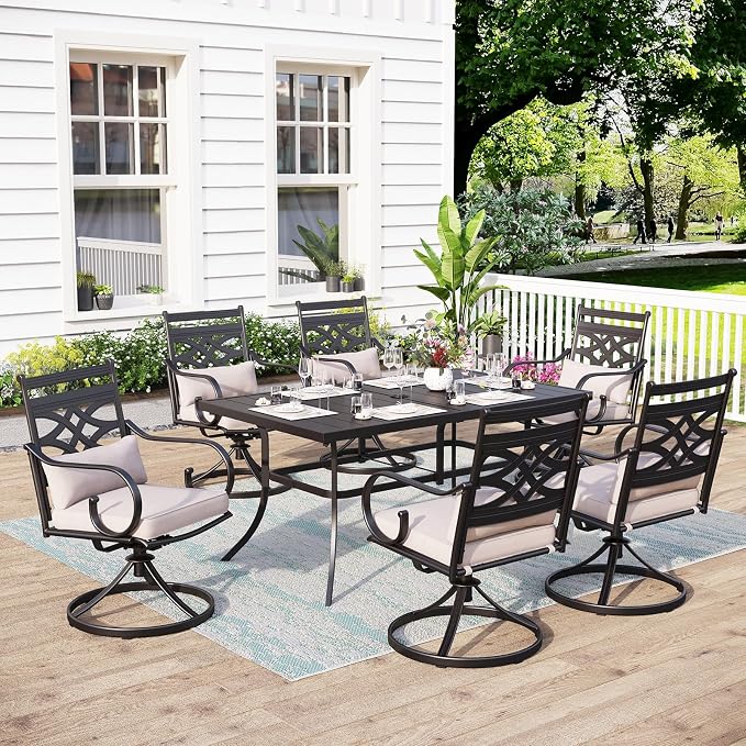 MFSTUDIO 7 PCS, Patio Dining Set, 59"×35", Swivel Chairs | 1.6 inch umbrella hole, Metal, E-coated frame, Seat up to 6