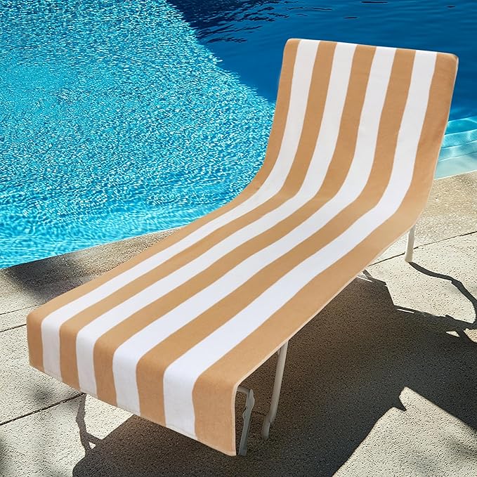 COTTON CRAFT Pool Lounge Chair Cover - 2 Pack Cabana Stripe - Soft Absorbent 100% Cotton Dobby Terry Towel Chaise Lounge Beach Chair Cover - Oversized 32 W x 82 Length x 7 inch Pocket – Linen