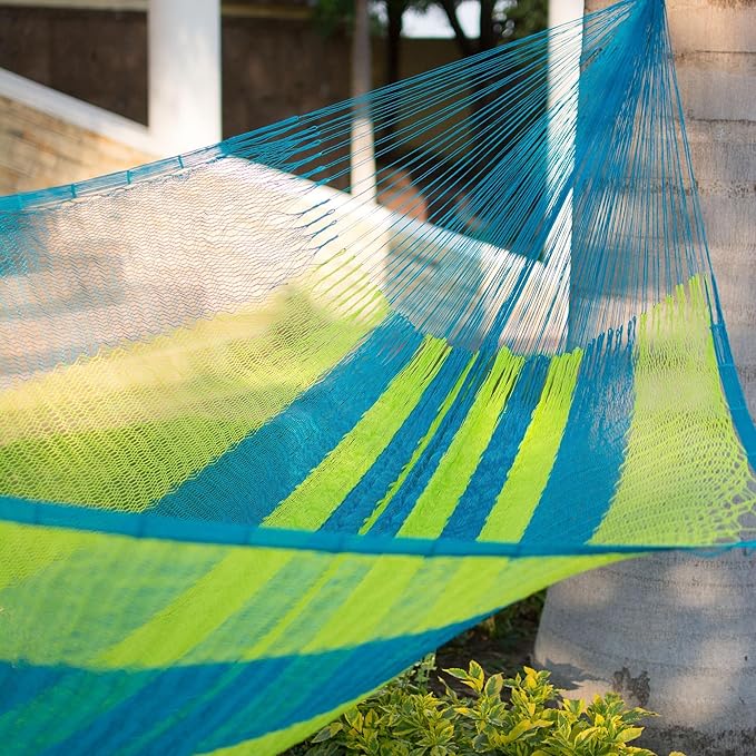 NOVICA Bright Yellow Turquoise Blue Striped Hand Woven Nylon Mayan 1 Person Rope Hammock with Hanging Accessories, 'Fluorescent Tropics' (Single)