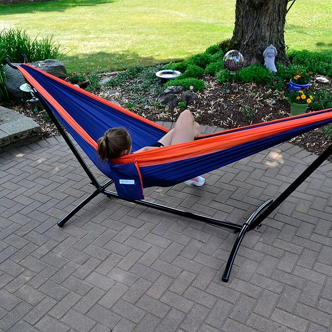 Double Nylon Hammock with Portable Hammock Stand,Orange/Navy