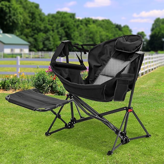 Ainfox Hammock Camping Chair with Footrest, Foldable Portable Hammock Chair with Stand for Adults Swinging Camp with Cup Holder Pillow for Outdoor Patio Lawn Black