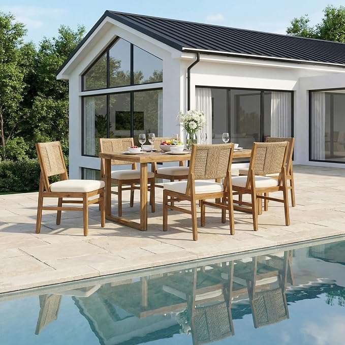 Christopher Knight Home Arly Acacia Wood Patio Dining Set for 6, Solid Wood Outdoor Dining Table Set for 6, 7 Piece Outdoor Dining Set with Rectangular Table and Wicker Backrest, Teak+Cream