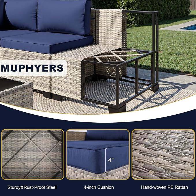 16-Piece Outdoor Patio Furniture Set with Rocking Swivel Chair, Wicker Rattan Sectional Sofa Conversation Set with 55,000 BTU Fire Pit Table with Ottomans, Backyard Furniture, Navy Blue