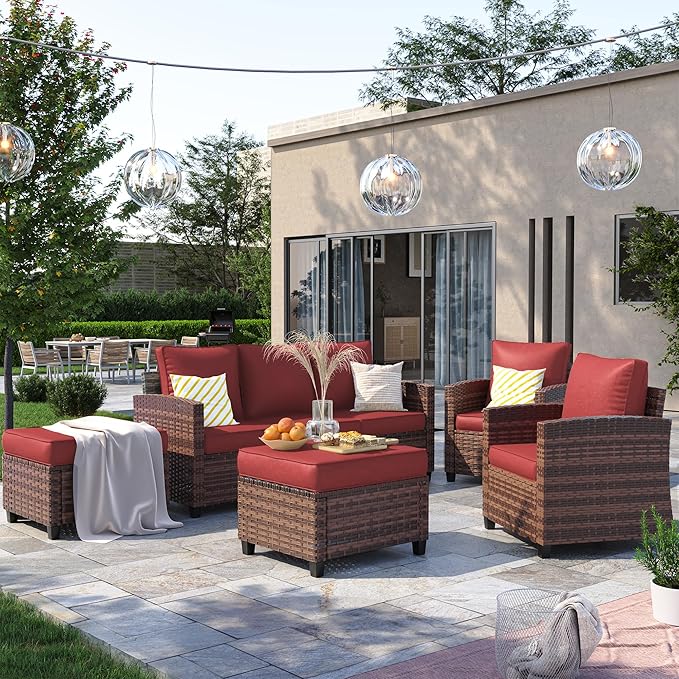Patio Furniture Set, 5 Pieces Outdoor Sectional Sofa Couch with Chairs, Ottomans and Thick Cushions, All Weather Wicker Rattan Patio Conversation Set Wine Red
