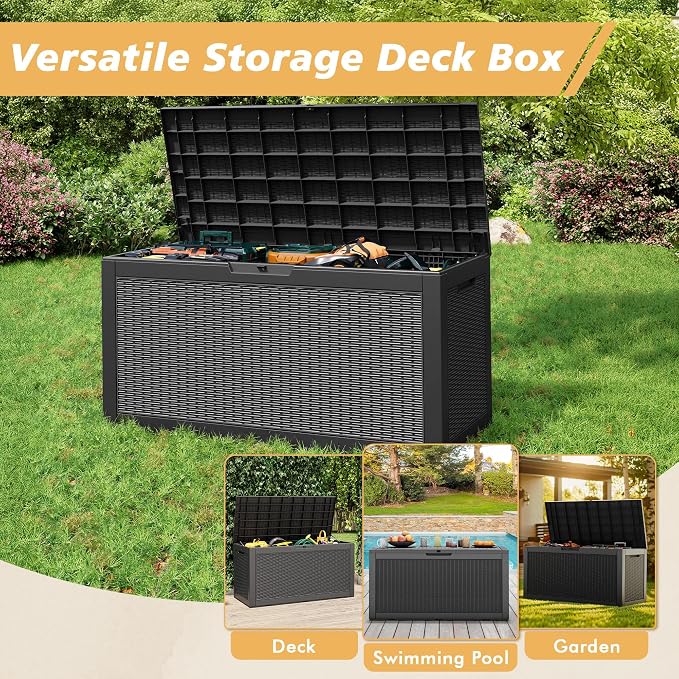 Fancyango 60 Gallon Outdoor Deck Box Waterproof, Storage Box for Patio, Resin Storage Bench Lockable for Garden Tools, Package Delivery, Black