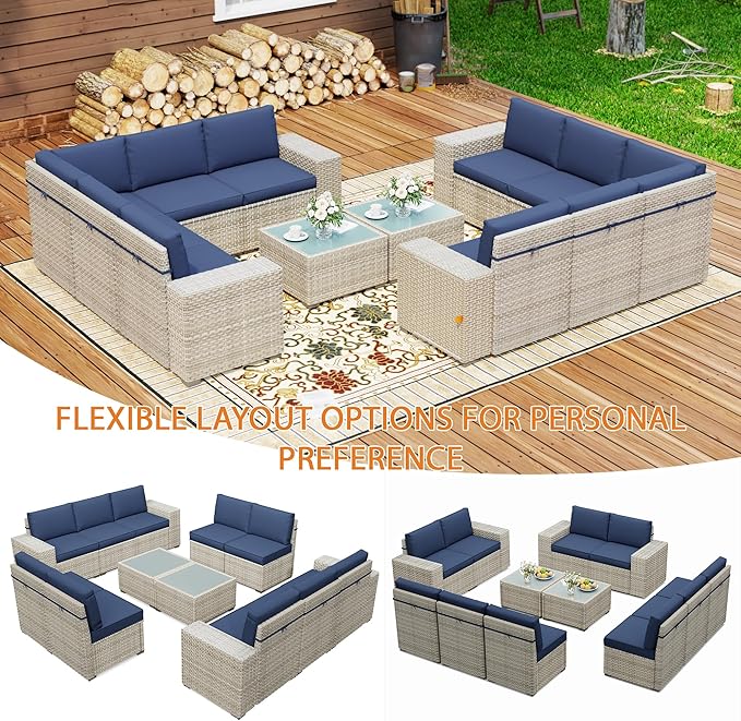 12 Piece Patio Furniture Set, 8" Wide Arm Sectional Sofa Set with Coffee Table, High-Back All-Weather Rattan Outdoor Conversation Set for Garden, Porch, Lawn, Blue