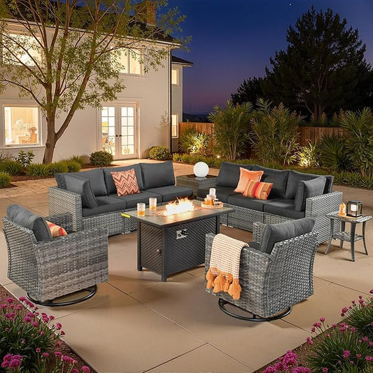 11 PCS Outdoor Patio Furniture Sets with 42'' Fire Pit Table,Wicker Weather Resistant Patio Conversation Set with 2 Wicker Rocking Chair,Modular L Shaped Sofa with Coffee Table for Yard,Black