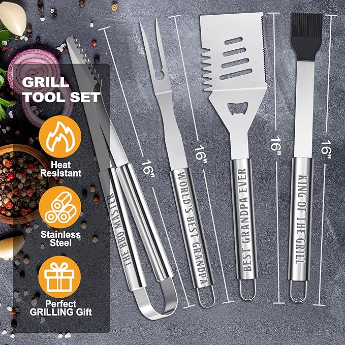 Grandpa Gifts from Grandkids, Grilling Accessories, Heavy Duty Stainless Steel BBQ Grill Tools for Outdoor Grill with Aluminum Case, Grandpa Grill Utensils Ideal Fathers Day Grilling Gift