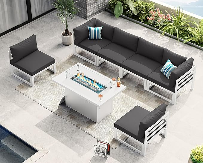 NICESOUL 7 Piece L-Shaped Contemporary Aluminum Outdoor Furniture Set with Firepit, 29" Deep Wide Large Couch Set, 500 lbs High Weight Capacity Modular Patio Sectional Sofa for Garden Lawn, Dark Grey
