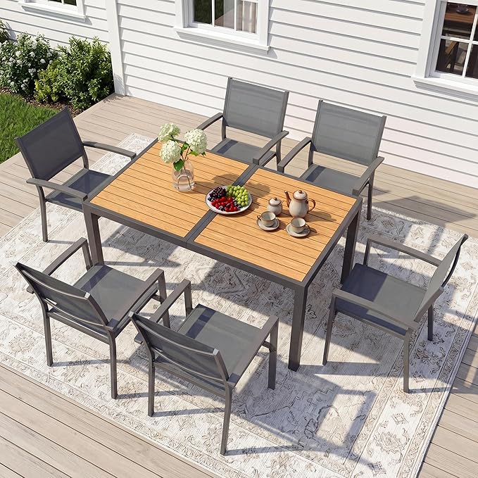 Patio Table and Chairs Set for 6, Outdoor Patio Furniture Set with Aluminum Table and Metal Textilene Chairs, All-Weather Outdoor Dining Set with HDPS Rectangular Tabletop for Garden Porch
